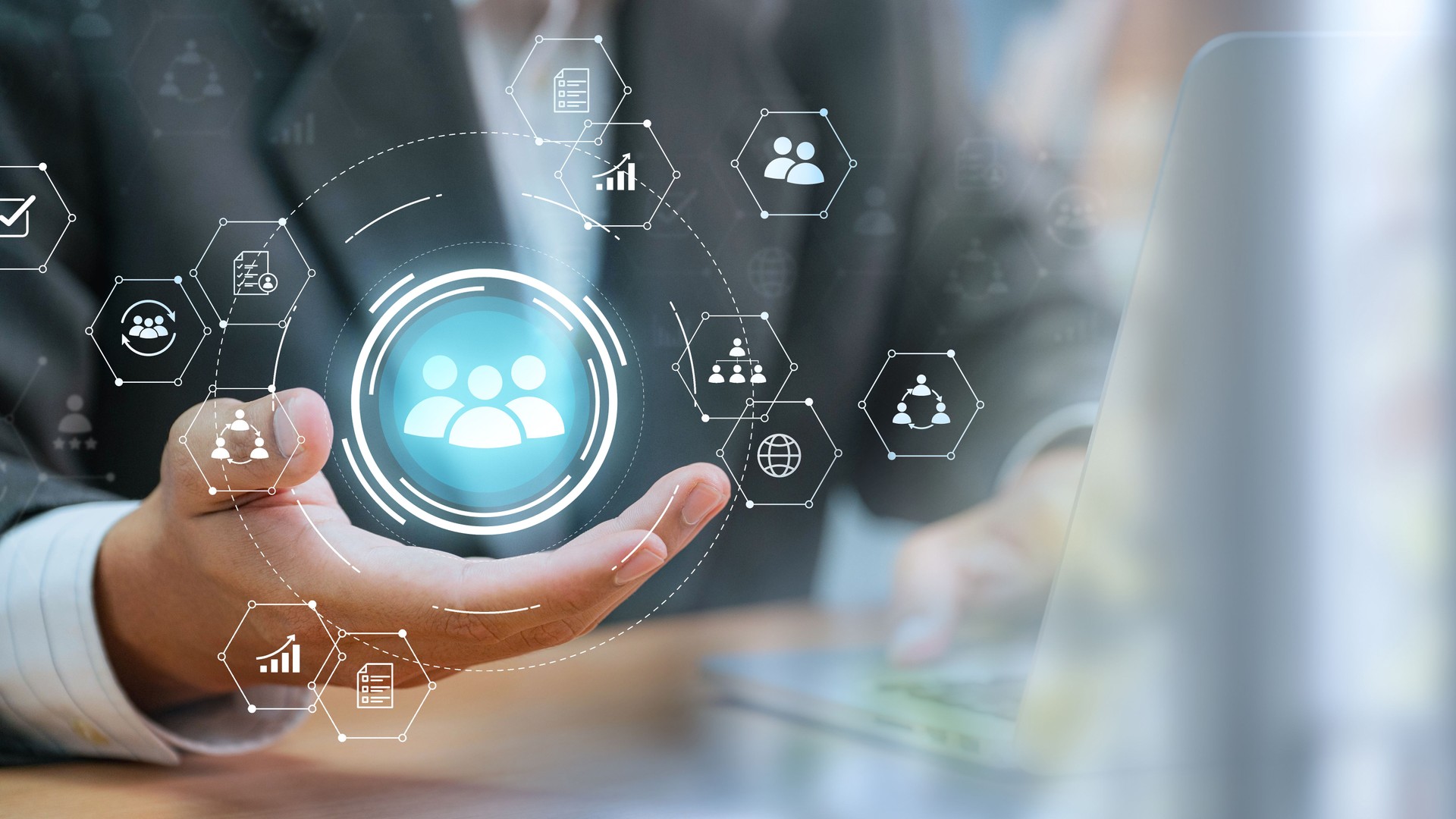 Corporate success through leadership and social network, HR and management concept. Executives touch human resource network structure. Data exchanges development. Customer service, digital marketing
